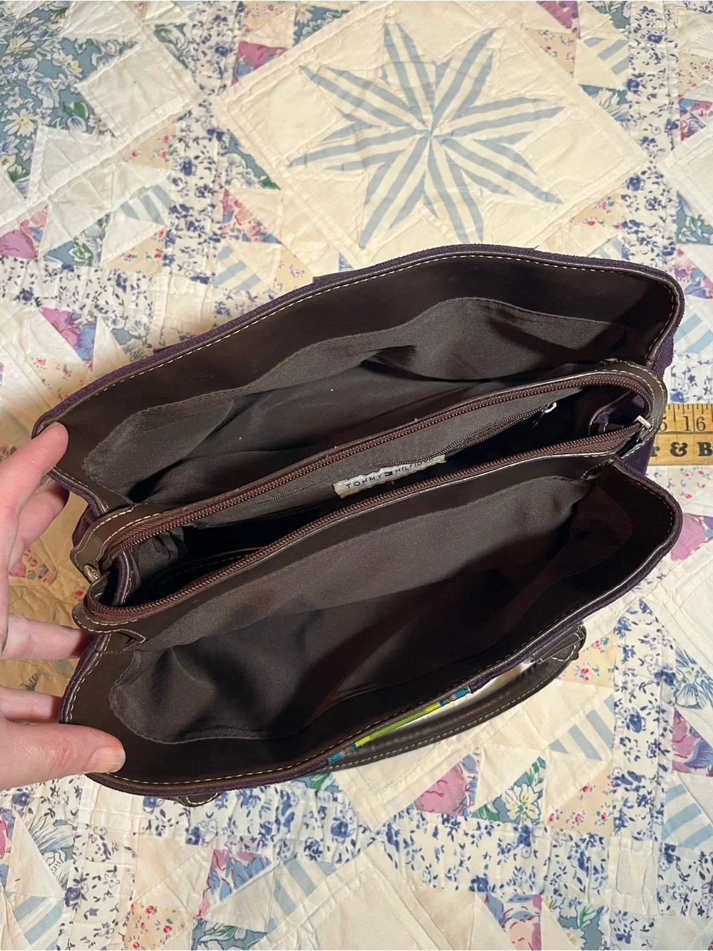 Y2K 2010s Tommy Hilfiger Purple Sueded Satchel Green Stripe and Brown Handles
